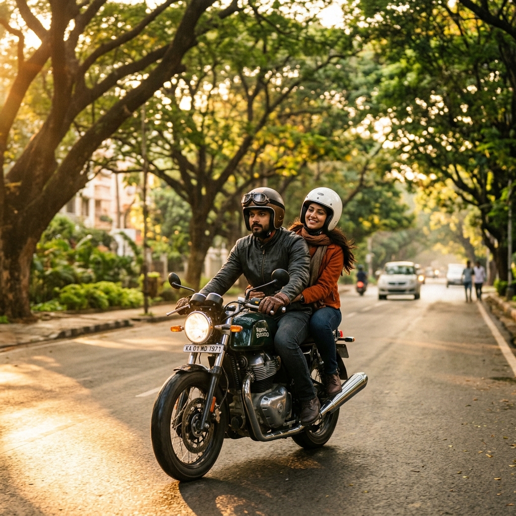 Raahi motorcycle road journey at sunset